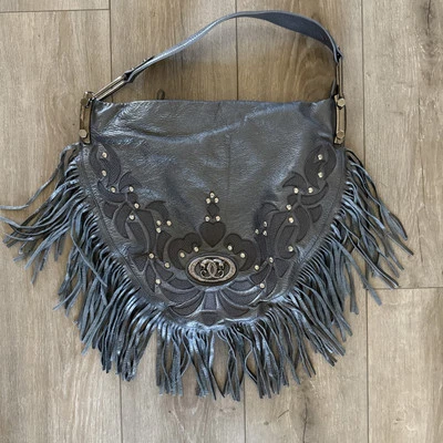 Kissing Cougar SHARIF Desinger Fringe Slouch Hobo Leather Handbag Purse Pewter - Image 1 of 4