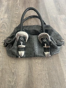 Vintage Charm And Luck Black Faux Croc Embossed Handbag with Silver Buckle - Picture 1 of 9