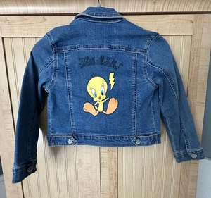 Girls Looney Tunes Tweety Bird Denim Jean Jacket XS 4 5 Blue - Picture 1 of 6