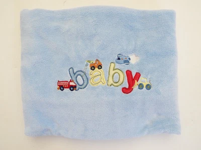 Just Born Blue Fleece Baby Boy Blanket Vehicles Trucks Fire Truck Airplane - Image 1 of 4
