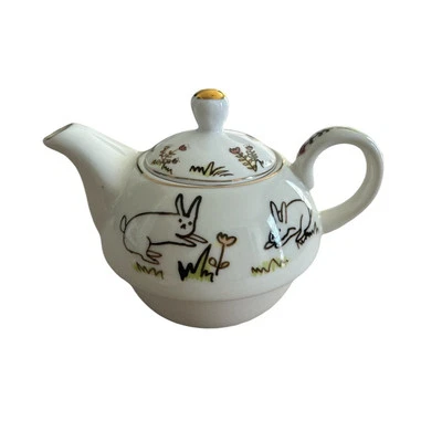 Grace's Teaware Bunny Meadow Individual Teapot & Lid Rabbits & Flowers Gold Trim - Image 1 of 4