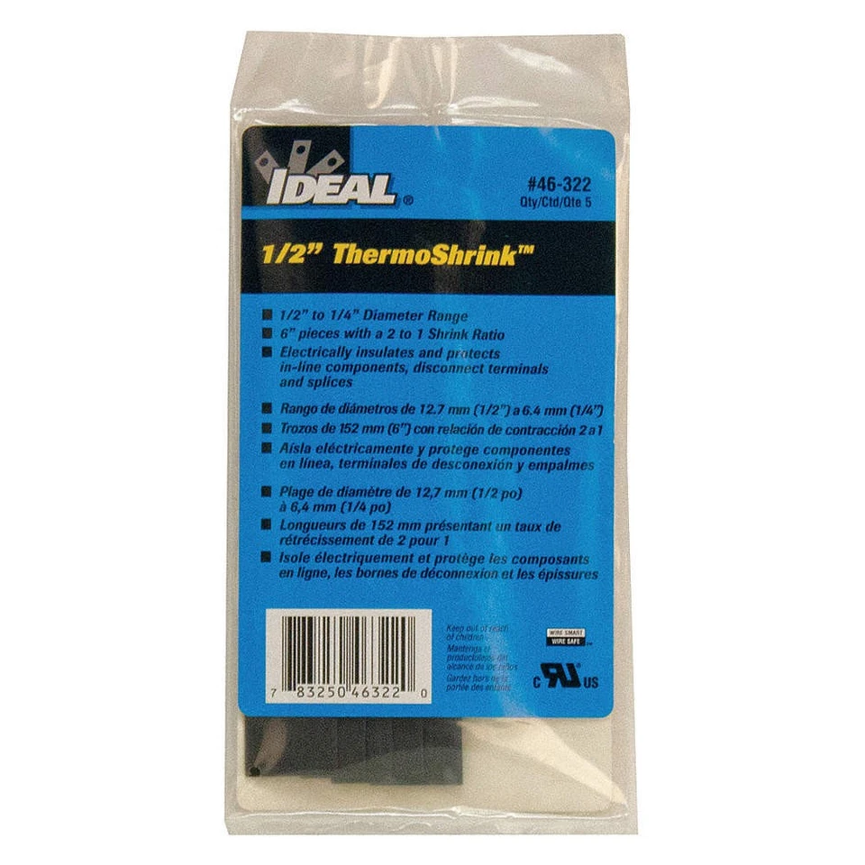 IDEAL 46-322 Shrink Tubing,6 in,Blk,0.539 in ID,PK5 29UK02 - Image 1 of 1