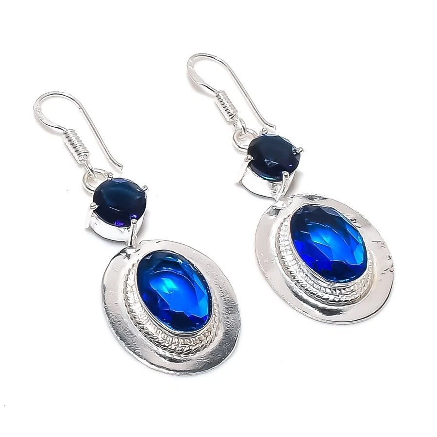 Blue Tanzanite Gemstone Handmade 925 Sterling Silver Jewelry Earring Size 2" - Image 1 of 1