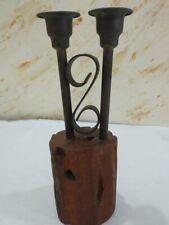 Vintage Old Islamic Middle East Candlestick Candle Holder Brass Wood Wooden Hand
