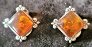 Vintage Amber Silver Clip On Earrings - .925 Silver - Picture 1 of 3
