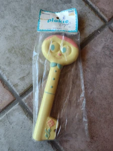 Vintage Plakie Baby Squeak Toy Key - Yellow Blue Pink - Picture 1 of 3