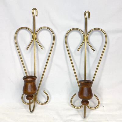 Home Interiors Heart Shaped Wall Sconces Wood & Metal Primitive Gold Decor - Image 1 of 4