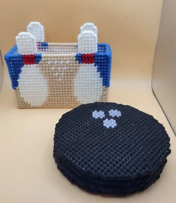 Vintage Bowling Coaster Set w/Holder ~ Balls & Pins Plastic Canvas Needlework 🎳 - Image 1 of 4