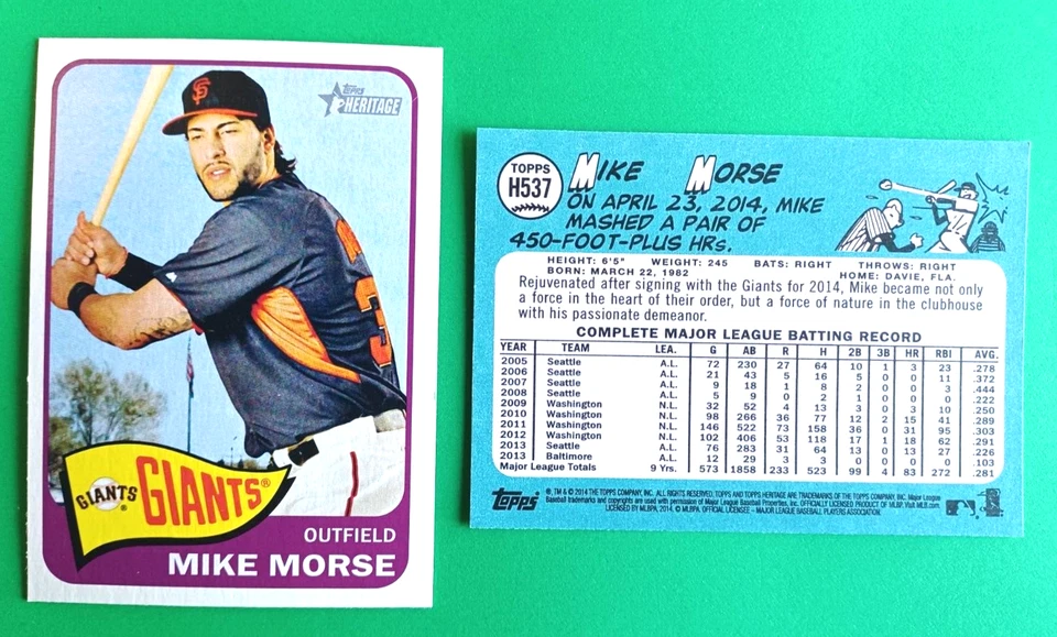 Tarjeta Topps Heritage Mike Morse Hi# H537 2014 Gigantes de San Francisco Foto 1 de 1