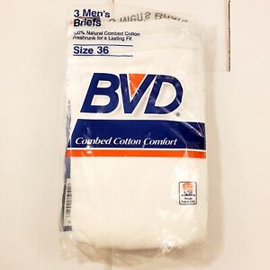Vtg New NOS BVD Men's White Combed Cotton Briefs Underwear 3 Pack Size 36 USA