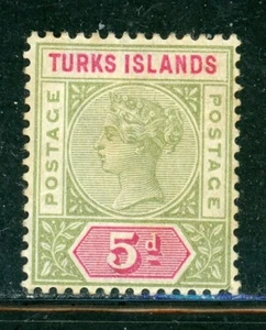 TURKS ISLANDS 57 SG72 MH 1894 5p grn & red QVIC CV$13 - Picture 1 of 2
