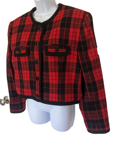 JH COLLECTIBLES 100 % WOLLE DAMENGRÖSSE 16 ROT & SCHWARZ BLAZER/JACKE VINTAGE - Bild 1 von 19