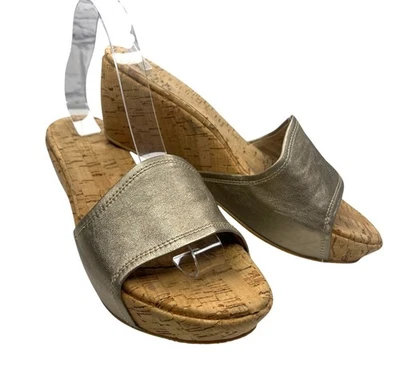 Stuart Weitzman Metallic Leather Wedge Sandals Slides Ladies Size 8.5M Cork - Image 1 of 4
