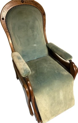 Silla reclinable victoriana rara 1877 tela mohair verde azulado?? Foto 1 de 4