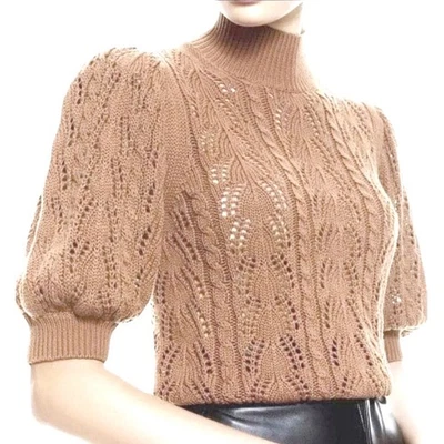 Elie Tahari 钩针气球袖羊毛毛衣棕色女式小号二手状况完好 — 第 1/4 张图片