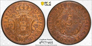 1865 Azores 5 Reis PCGS MS63 RB Red Brown Luis I Pop Top 1/0 RB 4325 - Picture 1 of 5