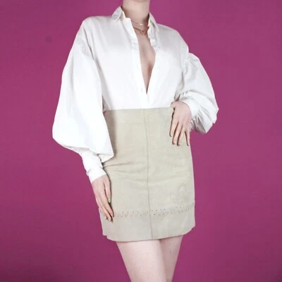 vintage 2000s y2k new look suede beige leather mini short pastel skirt small 10 - Image 1 of 4