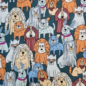 Hand Drawing Style Dog Puppy Friends Patterned Fabric made in Korea by the Yard - Picture 1 of 7