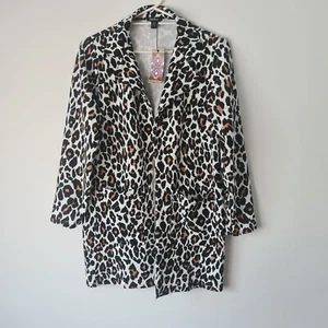 BOOHOO Womens Duster Coat White Black 16 Long Sleeve Leopard Print Collar Jacket - Picture 1 of 18