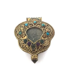 Tibetan Pendant Ghau Gau Amulet Box Handcrafted W/Gem Inlays Coral Turquoise - Picture 1 of 11
