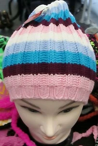 NEW Womens Mens Unisex Purple Pink Blue Striped Beanie Hat Winter Christmas UK - Picture 1 of 2