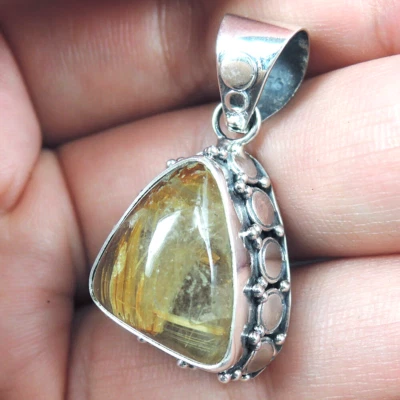 Ciondolo in argento sterling 925 quarzo rutilato naturale gioielli artigianali - Immagine 1 di 4