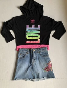 Lot of 2 Girls Sz 6 Justice Black Long Sleeve Top & Children's Place Denim Skirt - Picture 1 of 3