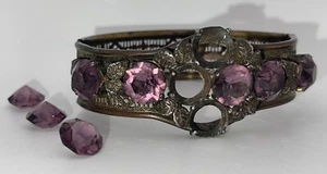 Art Deco Purple Glass Brass Cuff Bracelet As Is Repair Needed - Picture 1 of 5