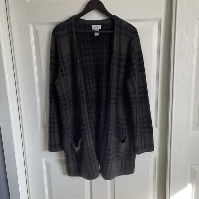 Suéter Cárdigan Largo OSO Informals Para Mujer XL Gris y Negro Cuadros Frente Abierto Foto 1 de 4