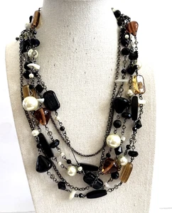 Lia Sophia VIXEN Necklace 6 Strand Black Cream Amber Gunmetal Pearl Glass Beads - Picture 1 of 4