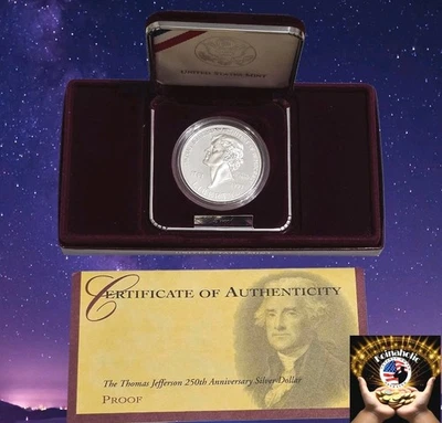 1993 S Thomas Jefferson SILVER Dollar Proof 200th Commemorative COA-OGP Fast 🚢  - Image 1 of 4