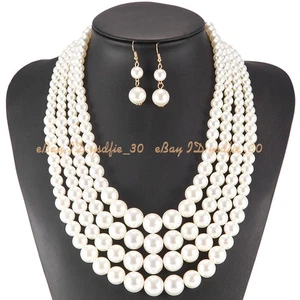 Mode Damen weiß Kunstperlen Perlen Kette Statement Latz Halskette Schmuck Geschenk - Bild 1 von 6