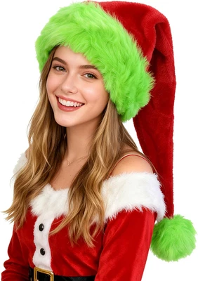 Sombrero largo rojo de Papá Noel con ribete peludo verde para adulto fiesta de Navidad verde Foto 1 de 4