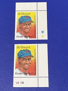 1989 St. Vincent Postage Stamps ERNIE BANKS $2 “UN-CUT” - 2 STAMP LOT - MINT SP