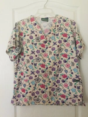 UA Uniform Advantage Women's Scrub Top Tan Purple Pink Floral Size Small - Image 1 of 4
