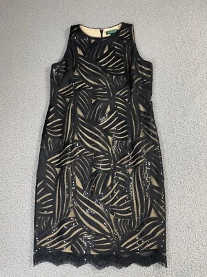 Vestido de noche Lauren Ralph Lauren para mujer 10 negro beige lentejuelas Foto 1 de 4