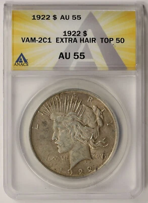 1922 VAM-2C1 Extra Hair Top-50 Peace Dollar $1 AU 55 ANACS - Image 1 of 4
