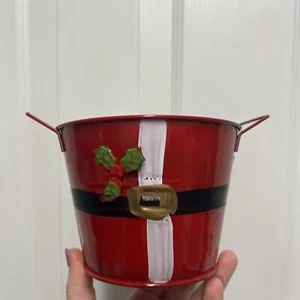 Hand Painted Metal Round Bucket SANTA Planter With Holly Holiday Decor 5”x3.75” - Picture 1 of 1