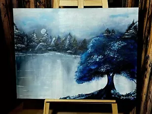 Pretty Painting oil on canvas magic tree by lake signed by artist 60cm x 80cm - Picture 1 of 8