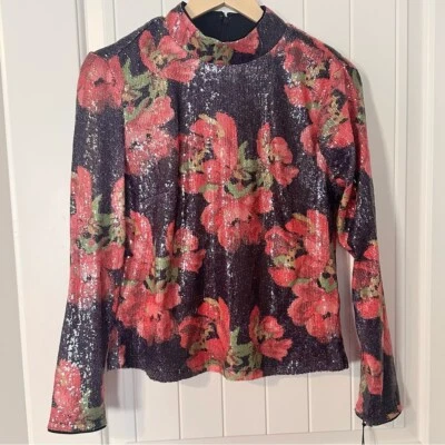 Nicole Miller full sequin lined red romantic floral shirt women’s size small NWT — 第 1/4 张图片