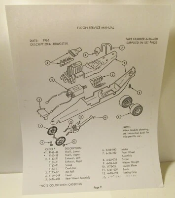 1/24 Eldon Dragster Photocopy of Schematic Diagram with Part Numbers + More - Image 1 of 3