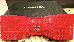 NEW Chanel 2008 Sequin Red Vintage Hair Bow Barrette Clip Dress Pin 34 36 38 40 - Picture 1 of 24