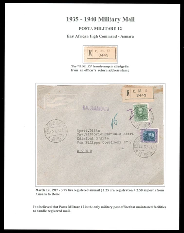 ERITREA 1931 2.50l DULL GREEN USED WITH 1.25l VIOLET INDIGO ON REG. AIR POST COV Cover