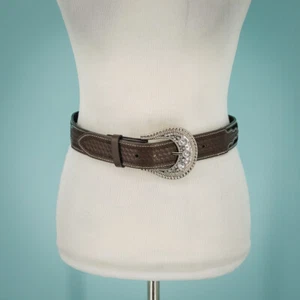 Belt Small S Brown Leather Calf Hair Large Silver Buckle Rhinestone Western Belt - Picture 1 of 6