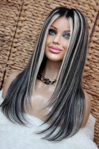 Lace Front Wig Perücke lang glatt schwarz blond weiß hellblond Highlights Ombre - Bild 1 von 17