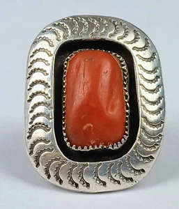 Vintage Navajo Native American Sterling Silver Red Coral Ring Authentic - Picture 1 of 9