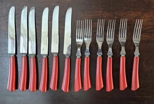 Vintage Valley Forge USA Red Bakelite Handled Stainless Silverware 12 Piece Set - Picture 1 of 3