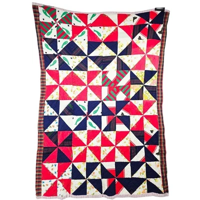 复古 20 世纪 60 年代花卉风车针轮图案手工被子 57x42 — 第 1/4 张图片