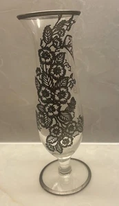 Sterling Silver Overlay Ornate Floral Flower Glass Vase 25th Anniversary Vintage - Picture 1 of 5