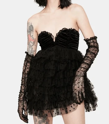 For Love & Lemons Jourdan Black Lace Mini Dress w/ Gloves Womens Sz L - Image 1 of 4